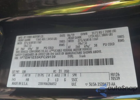 2019 Ford F-150 Lariat z USA, uszkodzony, nr VIN 1FTEW1E53KFC29139